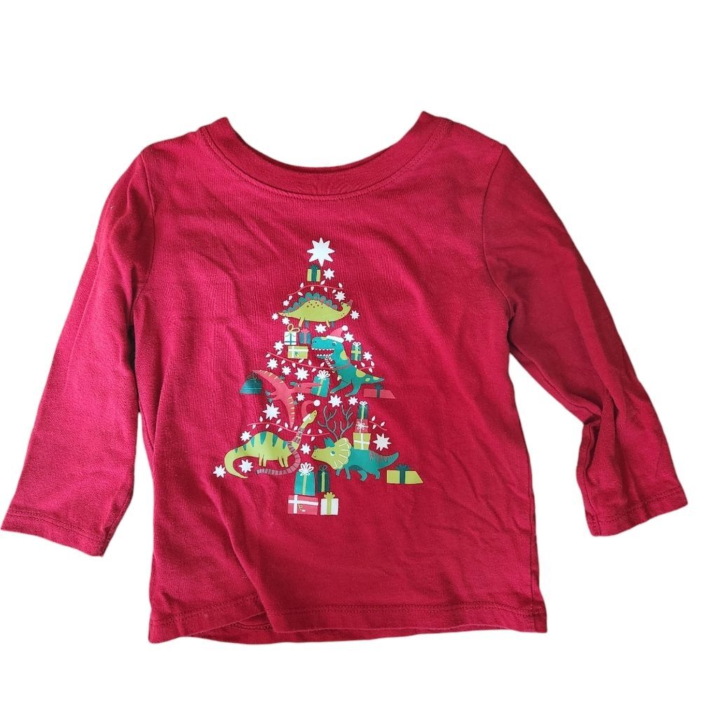 Cat & Jack Boys Dinosaur Christmas Tree Long Sleeve Red Shirt Size 2T